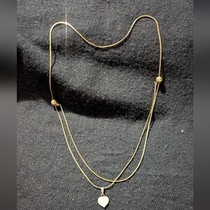 Vintage Gold Tone Mother Of Pearl White Heart Slide Knot Pendant Necklace